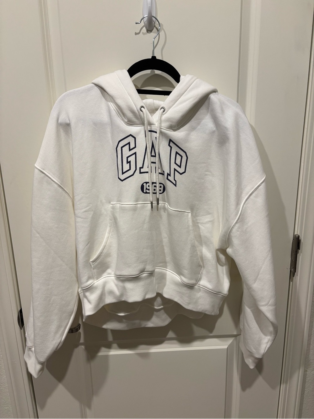 GAP Cropped White Hoodie with Navy Logo